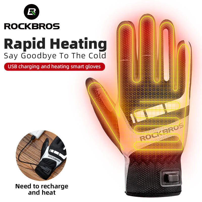 ROCKBROS MTB Heated Gloves in medium size, showcasing breathable fabric and USB charging feature for winter biking.