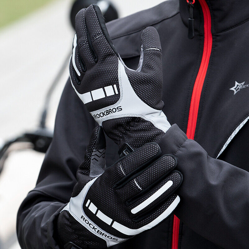 ROCKBROS MTB Heated Gloves in medium size, showcasing breathable fabric and USB charging feature for winter biking.