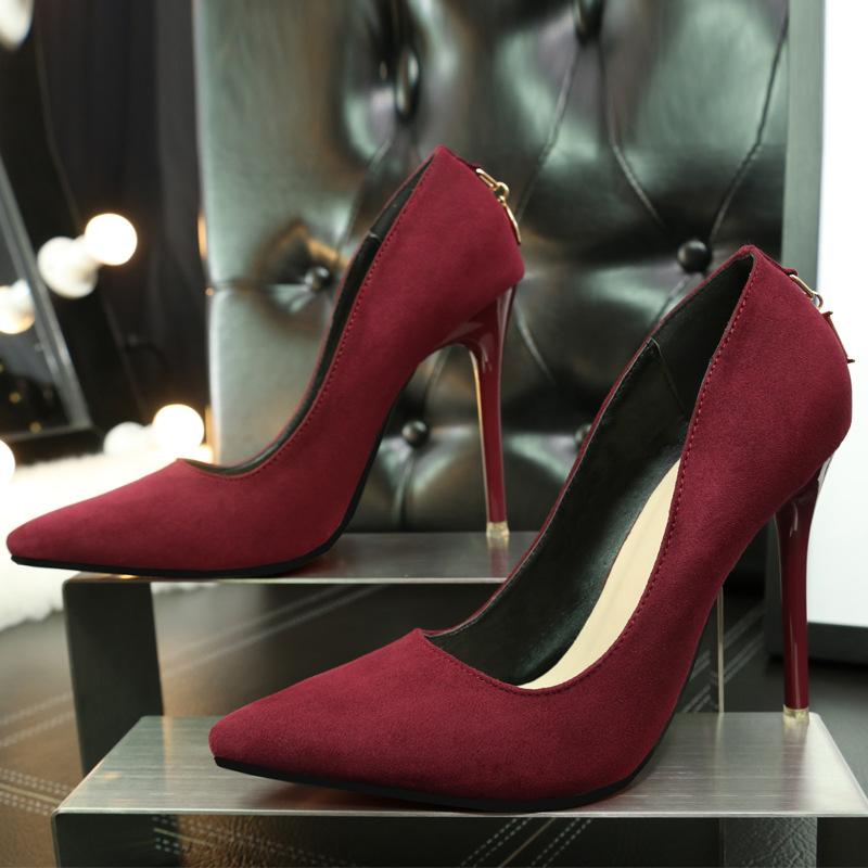 A pair of stylish multi-color solid pumps for women featuring a super high 11cm stiletto heel and a pointed toe design, made from soft micro suede.