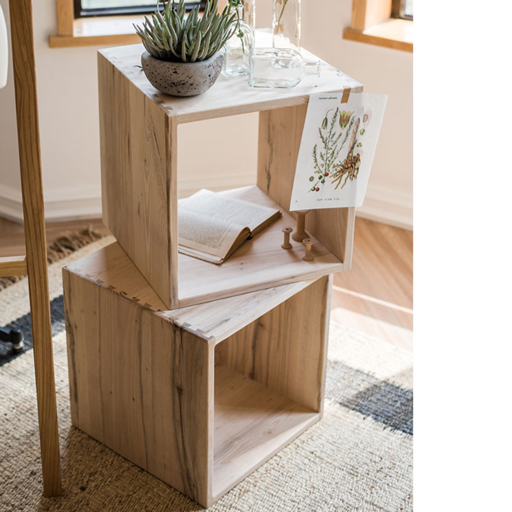 Wooden cube shelves with décor.