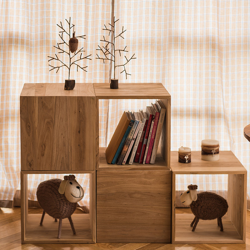 Wooden cube shelves with books.