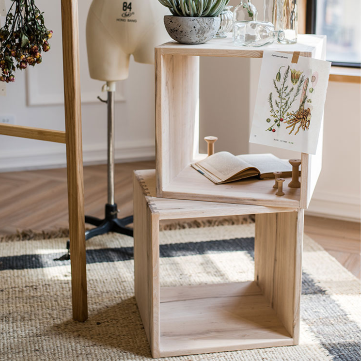 Wooden shelves with decorative items.