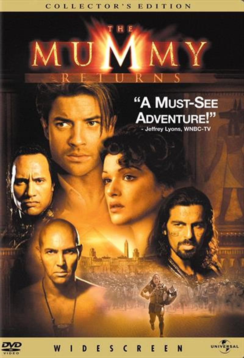 The DVD cover of The Mummy Returns featuring Brendan Fraser and Rachel Weisz in an action-packed scene against a backdrop of ancient Egyptian ruins.