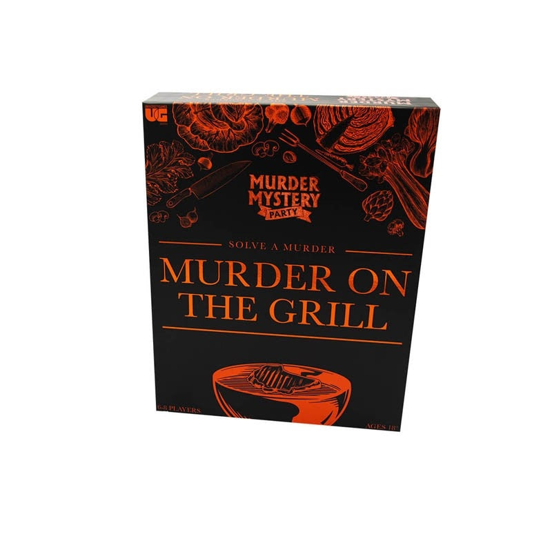 Murder On The Grill party game box featuring a vintage 1950s cookout theme with characters and a grill.