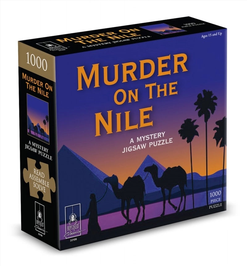 Murder On The Nile Mystery Puzzle featuring 1000 colorful pieces with a captivating mystery theme.