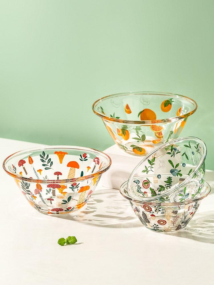 A beautifully handpainted Mushroom Glass Bowl featuring floral designs, perfect for serving and decoration.