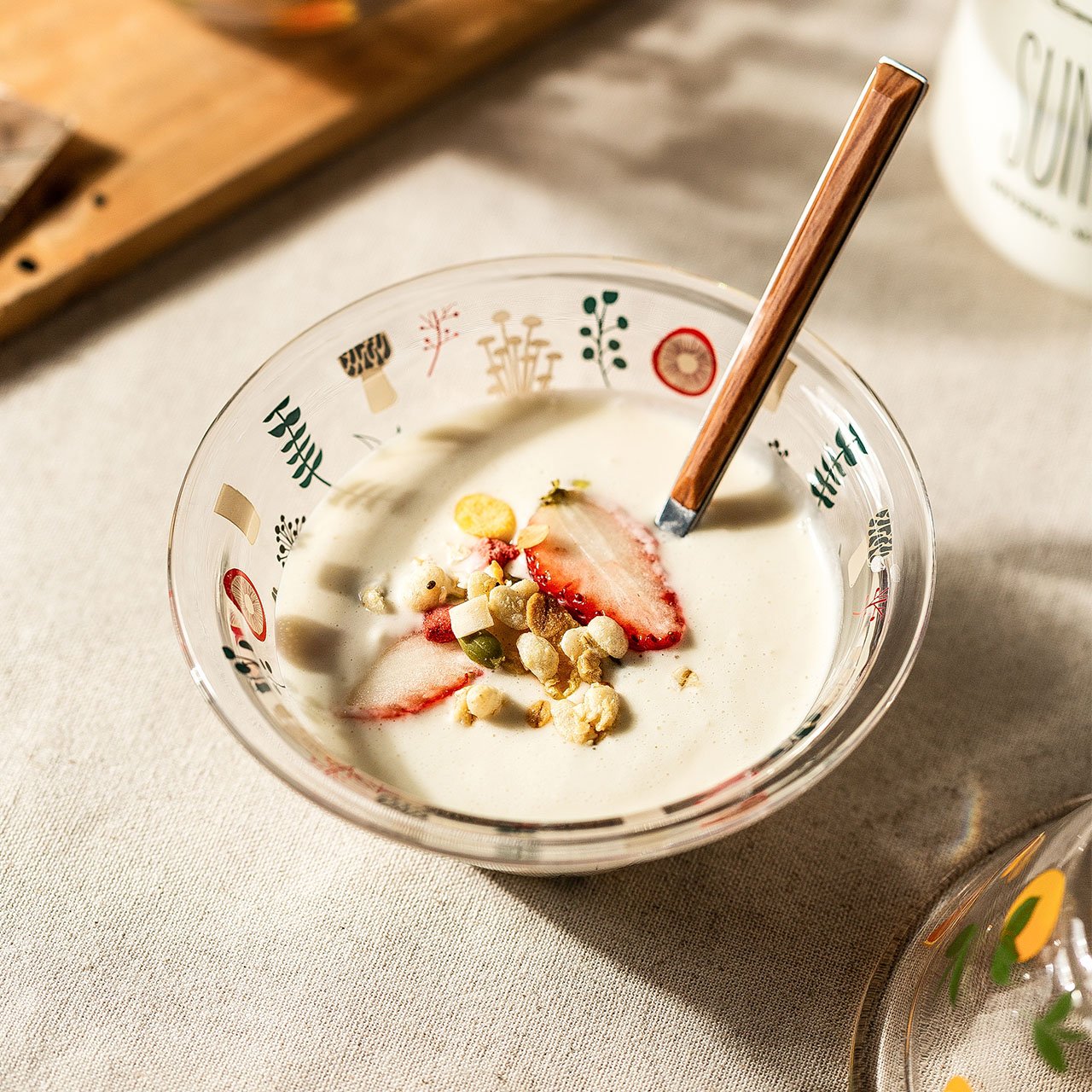 A beautifully handpainted Mushroom Glass Bowl featuring floral designs, perfect for serving and decoration.