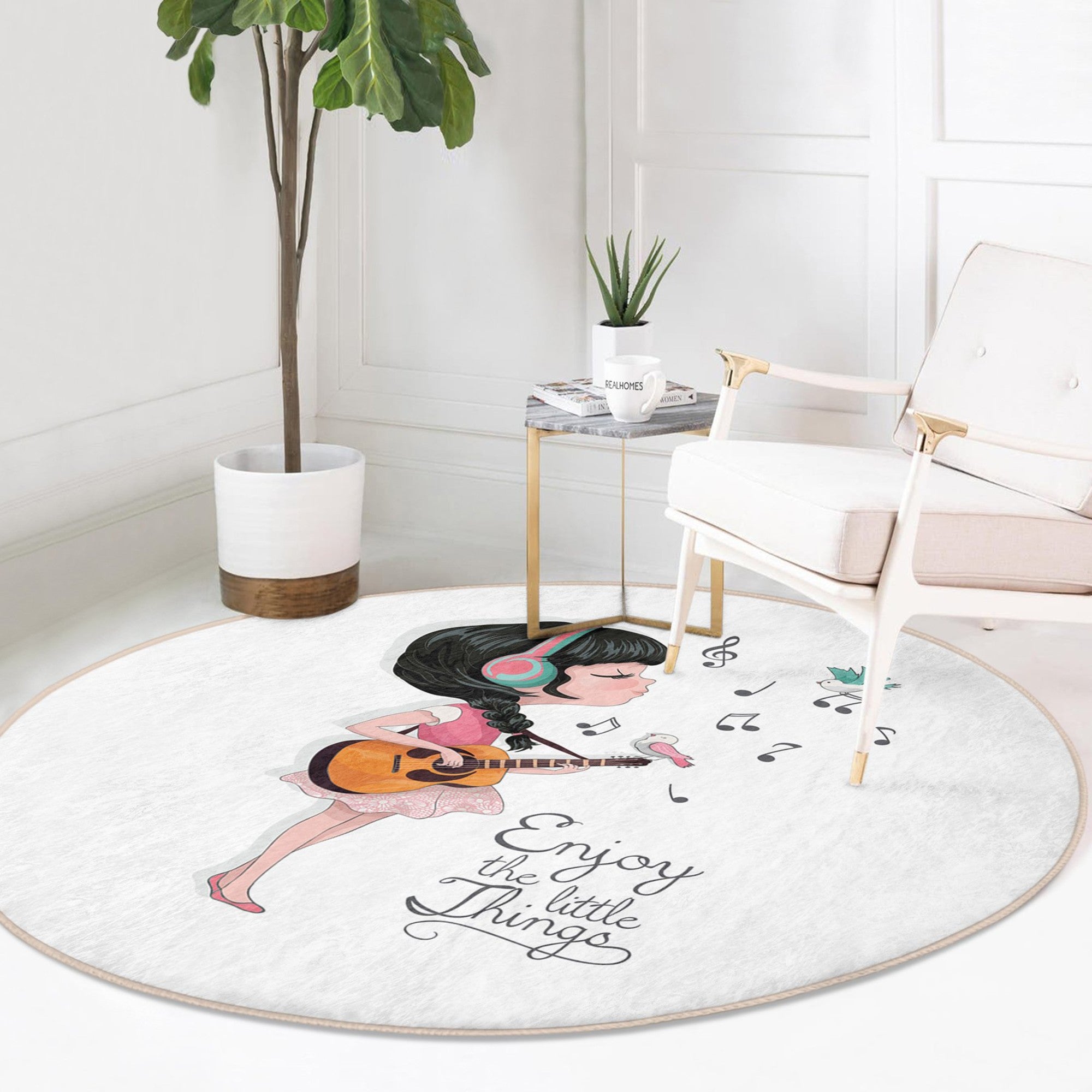 A colorful Music-Themed Kids' Rug featuring musical notes and instruments, designed for children's rooms, made of soft velvet fabric.