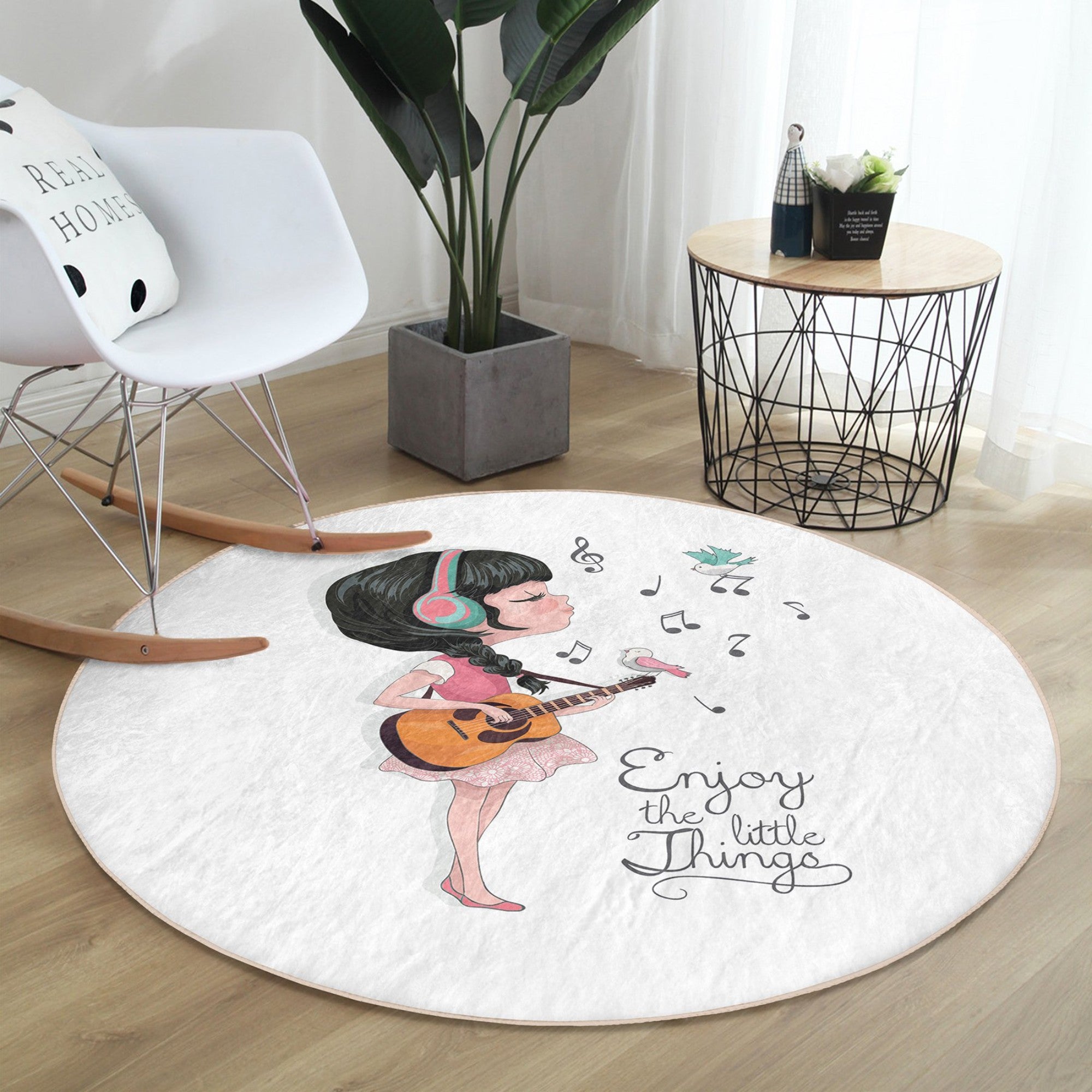 A colorful Music-Themed Kids' Rug featuring musical notes and instruments, designed for children's rooms, made of soft velvet fabric.