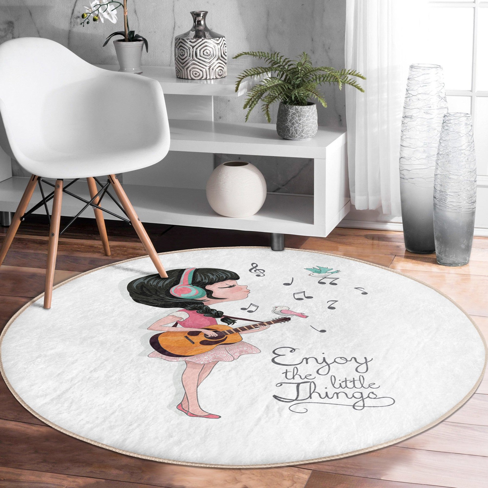 A colorful Music-Themed Kids' Rug featuring musical notes and instruments, designed for children's rooms, made of soft velvet fabric.