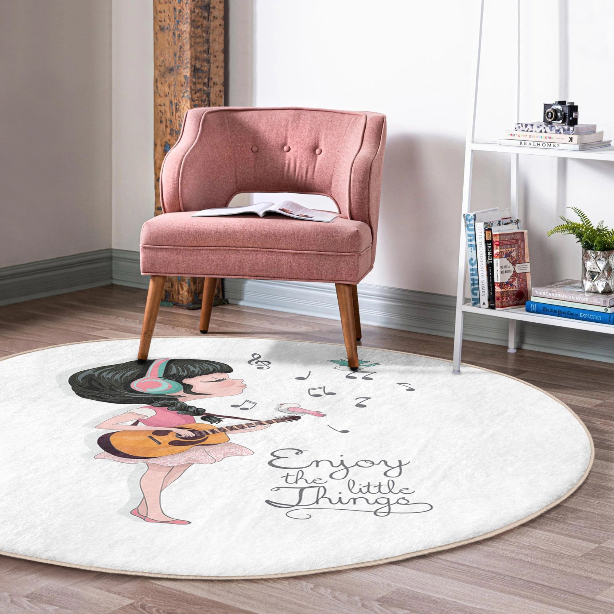 A colorful Music-Themed Kids' Rug featuring musical notes and instruments, designed for children's rooms, made of soft velvet fabric.