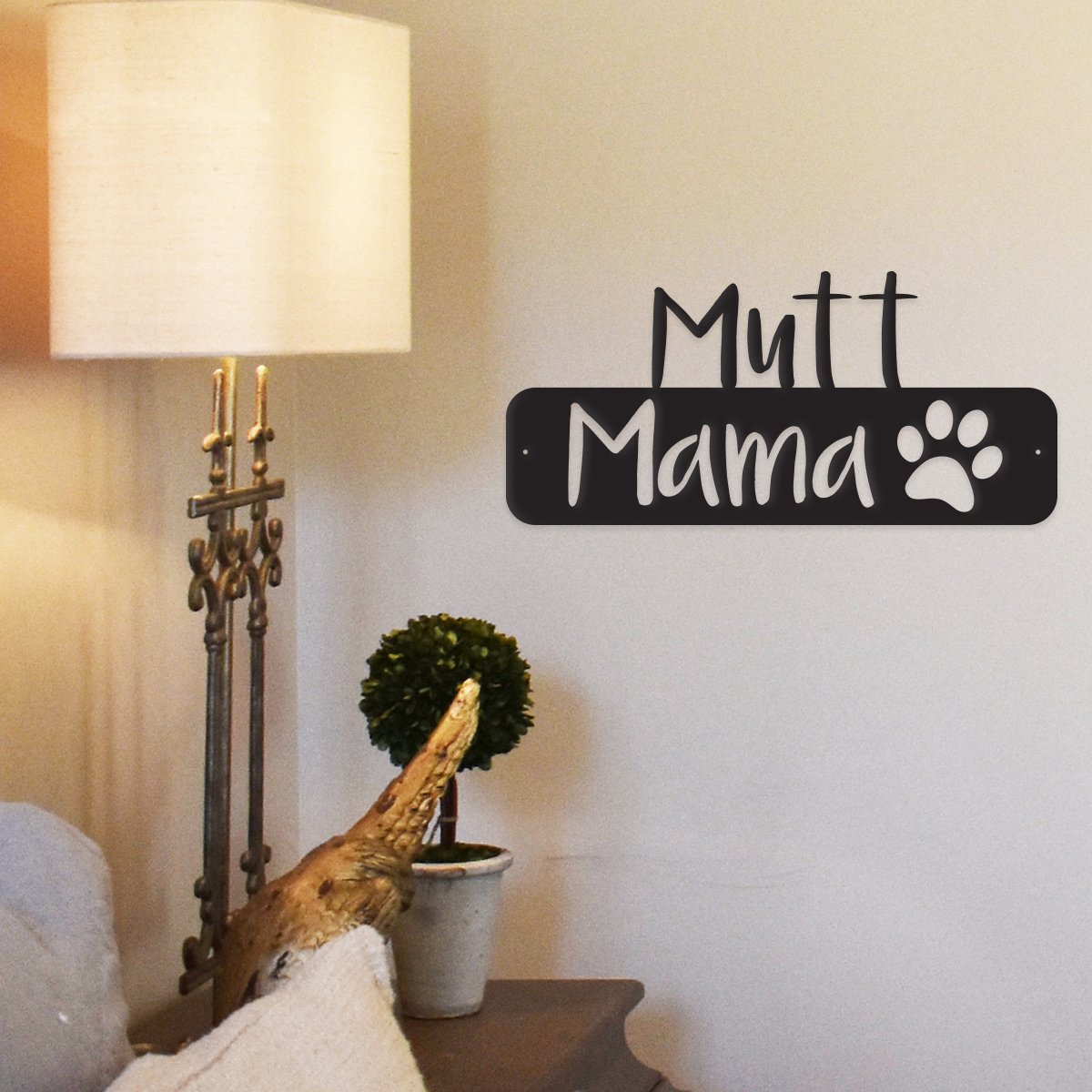 Mutt Mama metal wall art featuring bold lettering on a durable steel background, perfect for dog lovers.