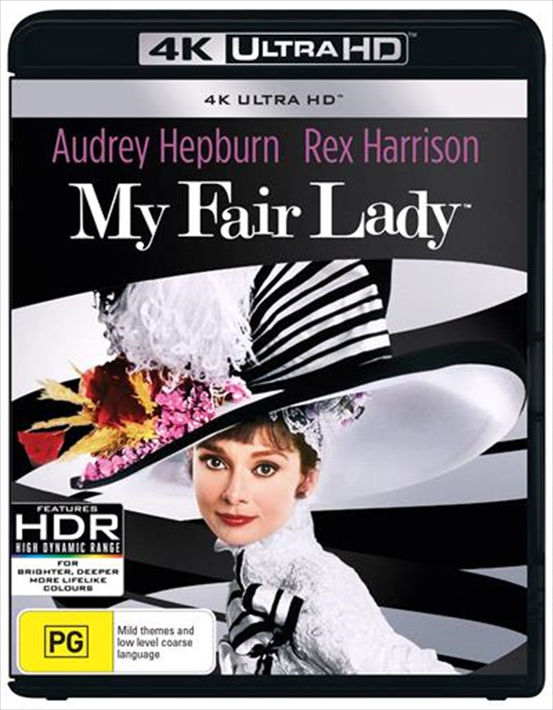 Cover image of My Fair Lady UHD edition featuring Audrey Hepburn and Rex Harrison in elegant attire.