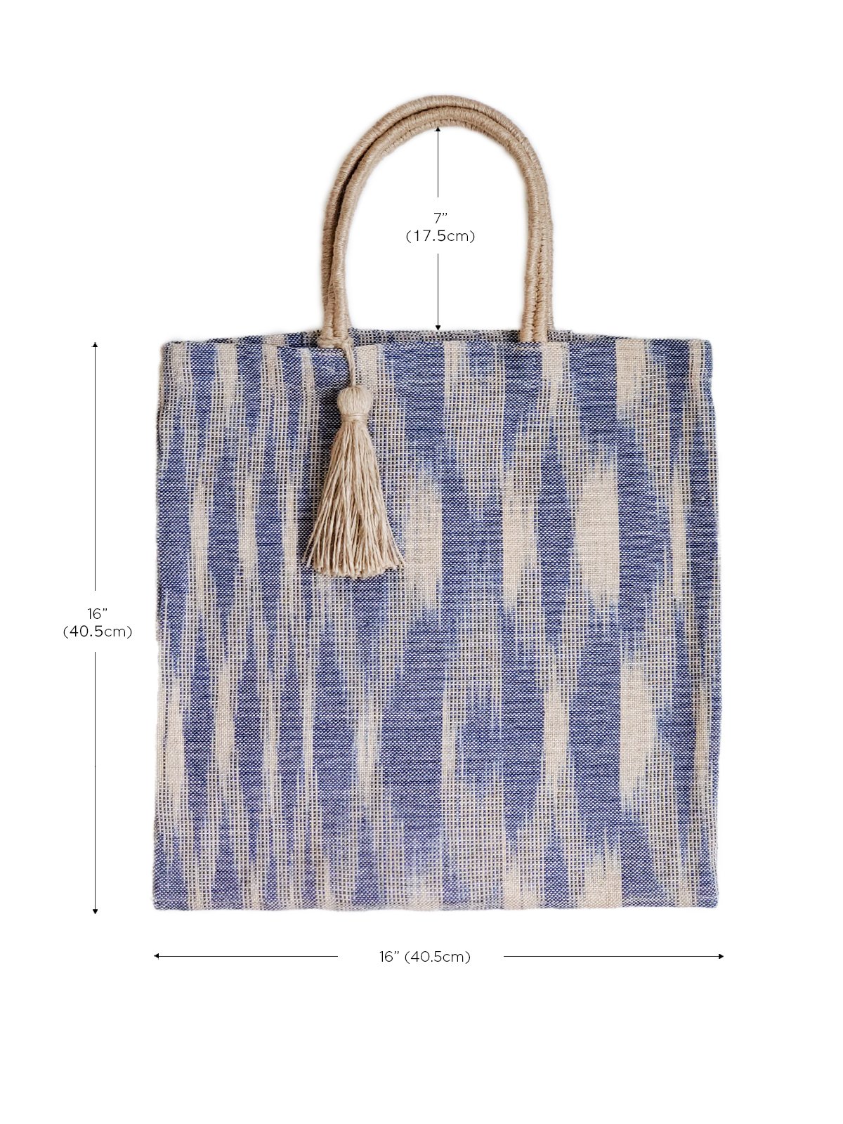 Nadi Jute Tote Bag in Blue, handwoven and naturally dyed, showcasing its spacious design and sturdy handles.