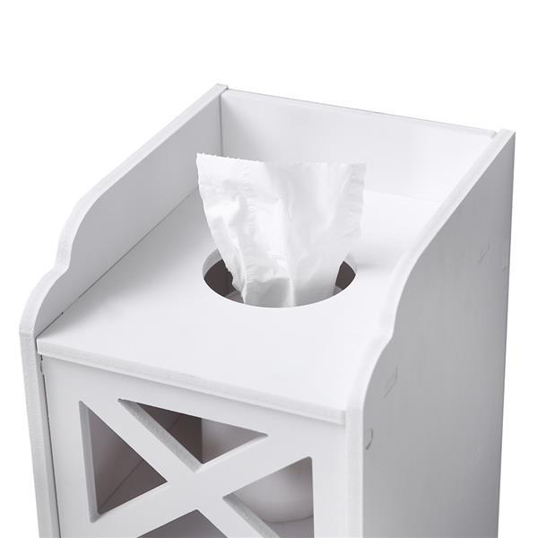 Narrow white PVC cabinet designed for bathroom tissue storage, featuring two shelves and a modern aesthetic.