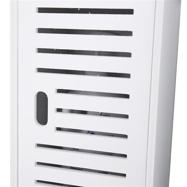 Narrow white PVC cabinet designed for bathroom tissue storage, featuring two shelves and a modern aesthetic.