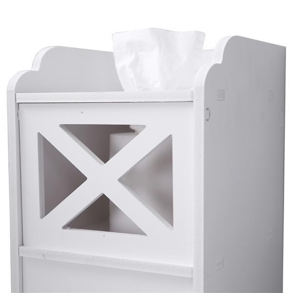 Narrow white PVC cabinet designed for bathroom tissue storage, featuring two shelves and a modern aesthetic.