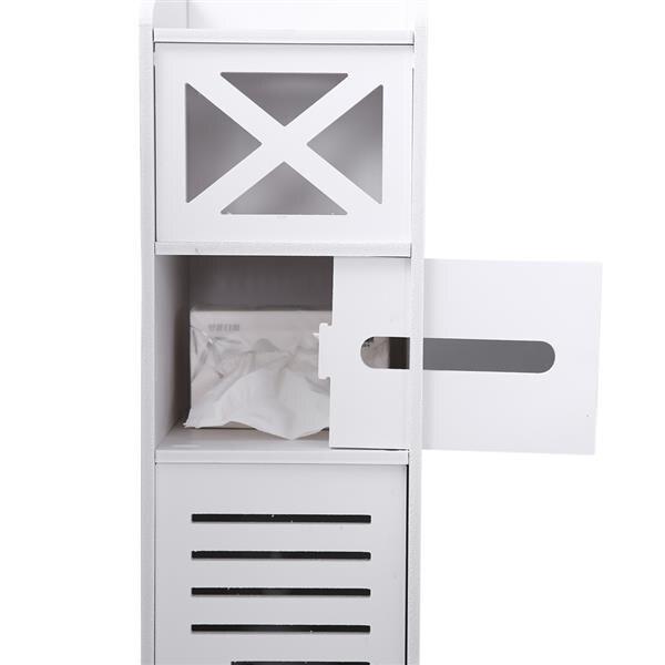 Narrow white PVC cabinet designed for bathroom tissue storage, featuring two shelves and a modern aesthetic.