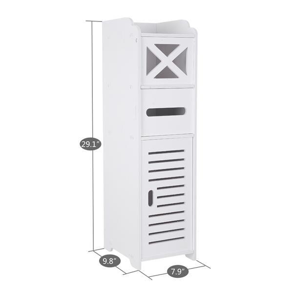 Narrow white PVC cabinet designed for bathroom tissue storage, featuring two shelves and a modern aesthetic.