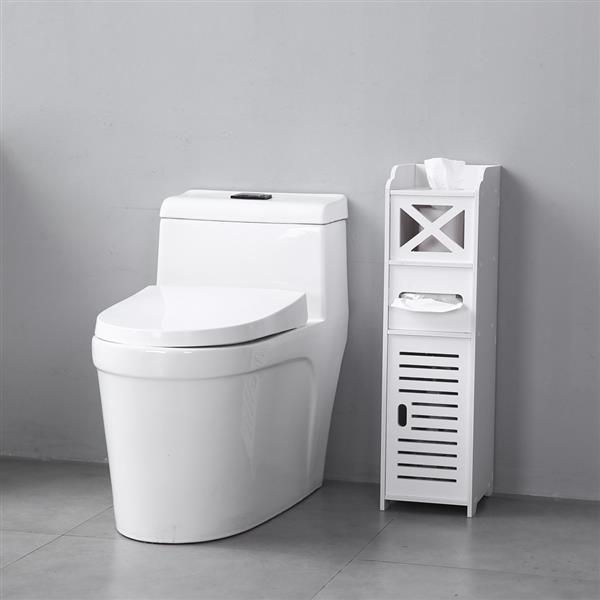 Narrow white PVC cabinet designed for bathroom tissue storage, featuring two shelves and a modern aesthetic.