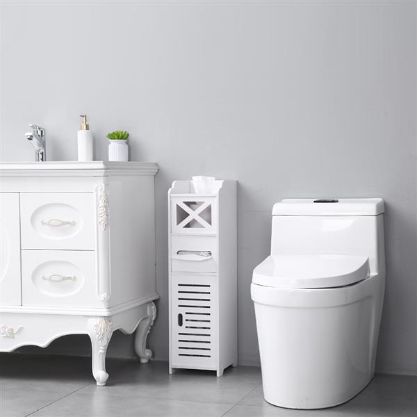 Narrow white PVC cabinet designed for bathroom tissue storage, featuring two shelves and a modern aesthetic.