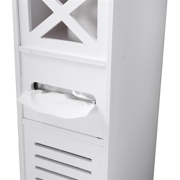 Narrow white PVC cabinet designed for bathroom tissue storage, featuring two shelves and a modern aesthetic.