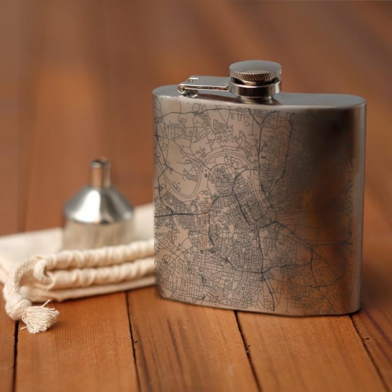 Custom engraved 6oz hip flask featuring a detailed map of Nashville, Tennessee, with a canvas bag and funnel included.