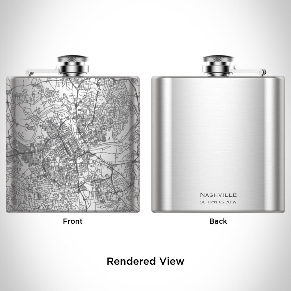 Custom engraved 6oz hip flask featuring a detailed map of Nashville, Tennessee, with a canvas bag and funnel included.