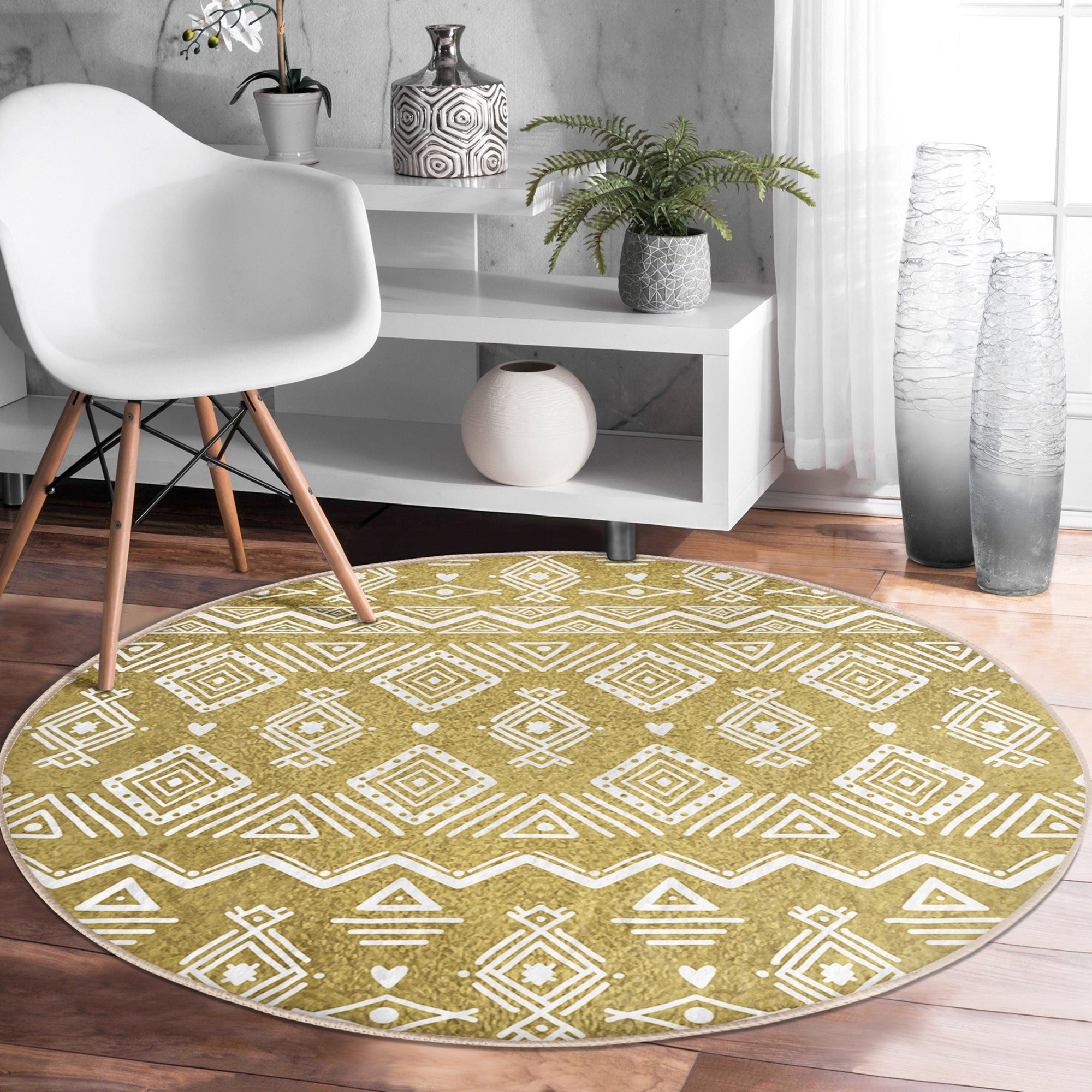 Native American Round Rug featuring Southwestern design, made of soft velvet fabric, available in multiple sizes, perfect for living room decor.