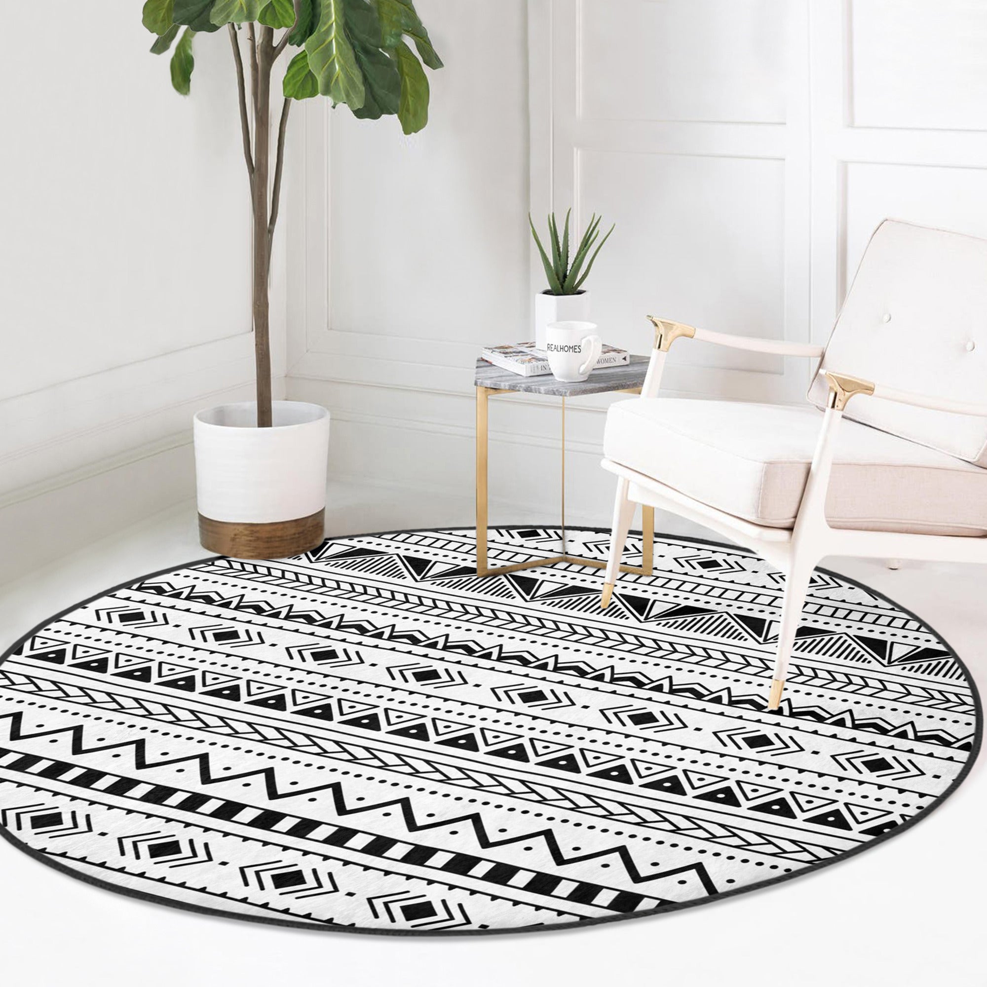 Native Round Rug in black and white, showcasing its soft velvet texture and round shape, perfect for home decor.