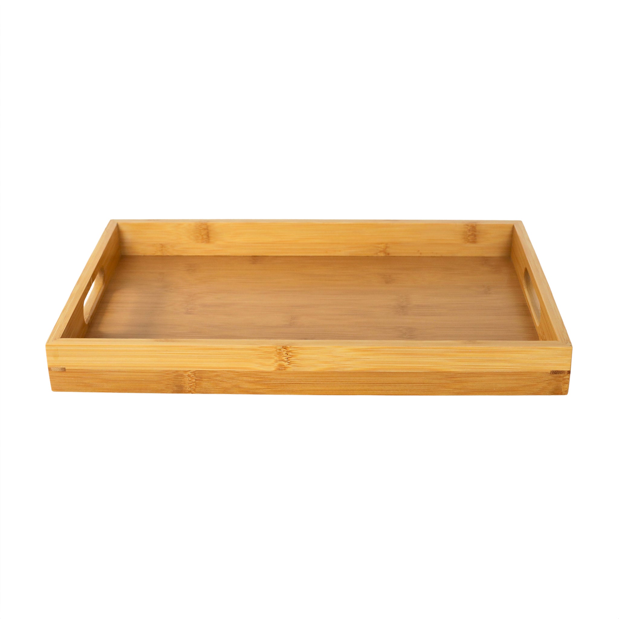 Natural Bamboo Serving Tray with cut-out handles, measuring 15" x 9.75" x 1.5", showcasing its elegant design and eco-friendly material.