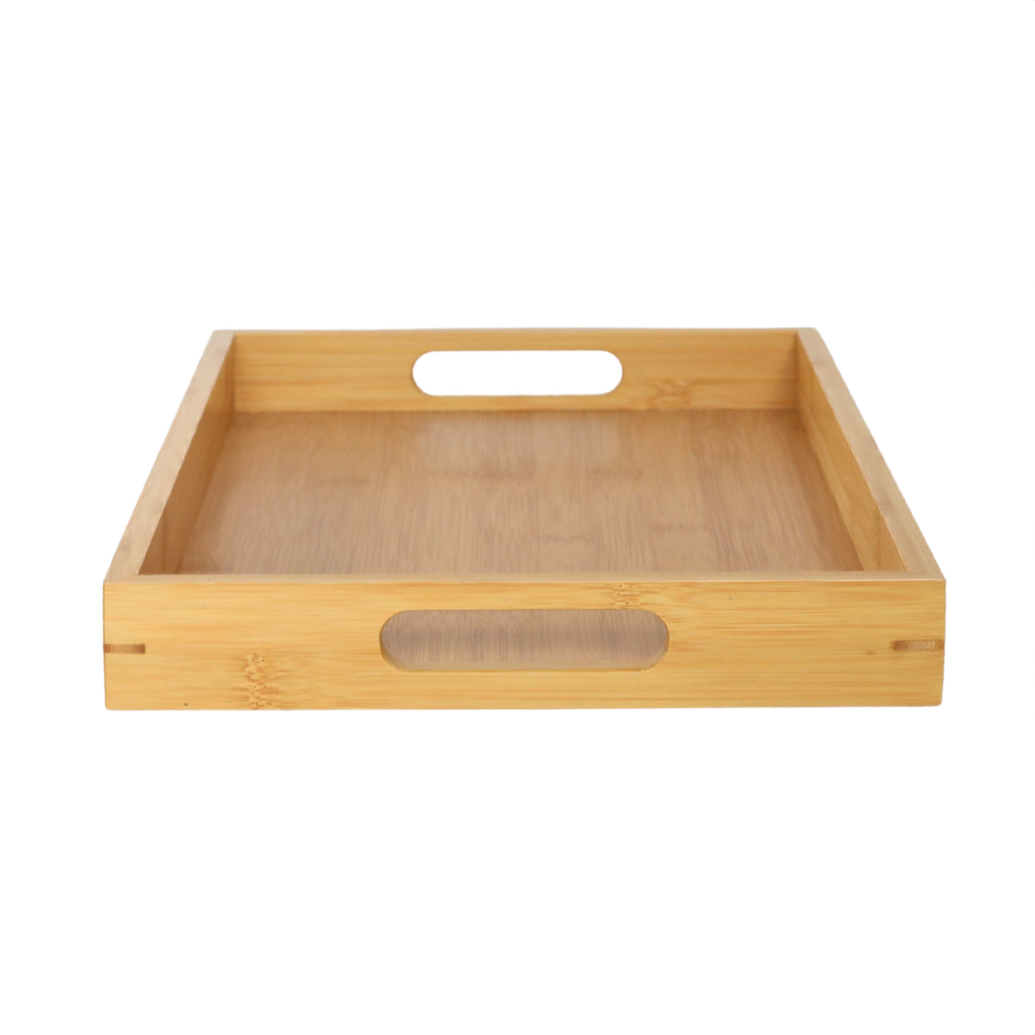 Natural Bamboo Serving Tray with cut-out handles, measuring 15" x 9.75" x 1.5", showcasing its elegant design and eco-friendly material.