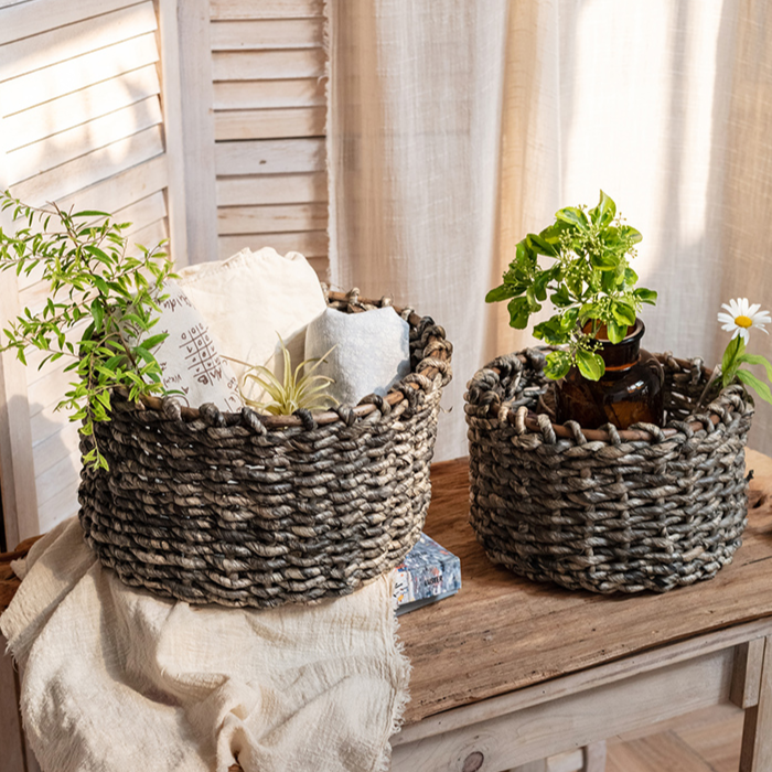 Natural Brown Straw Round Basket, eco-friendly corn rope material, available in small and large sizes, perfect for home organization.