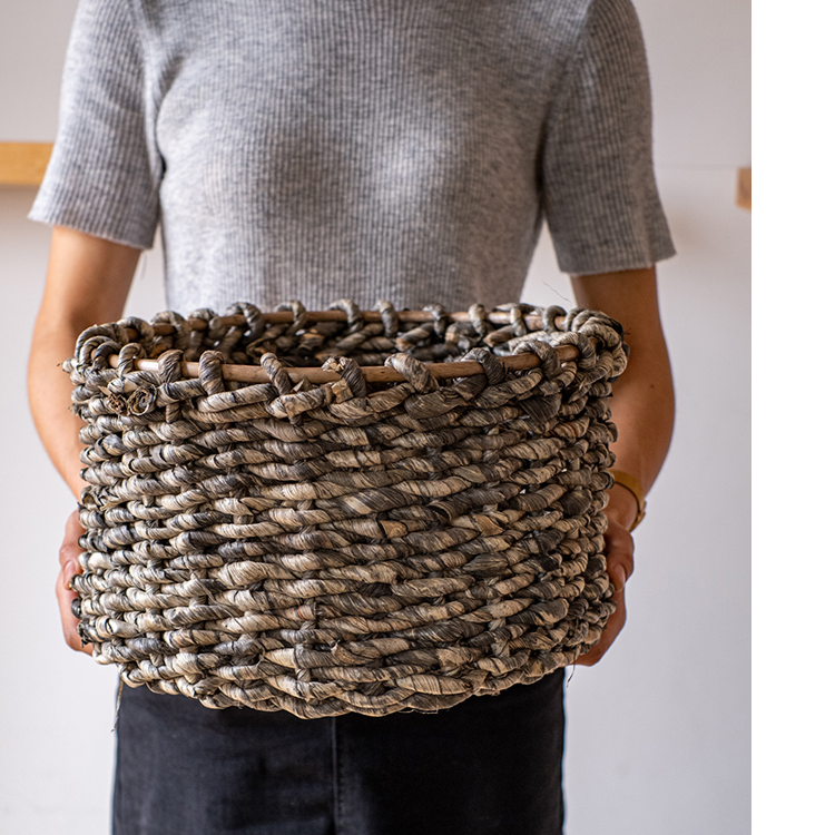 Natural Brown Straw Round Basket, eco-friendly corn rope material, available in small and large sizes, perfect for home organization.