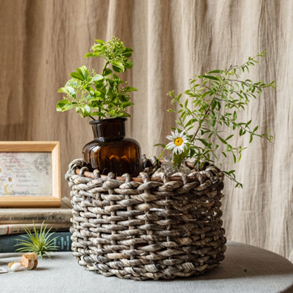 Natural Brown Straw Round Basket, eco-friendly corn rope material, available in small and large sizes, perfect for home organization.