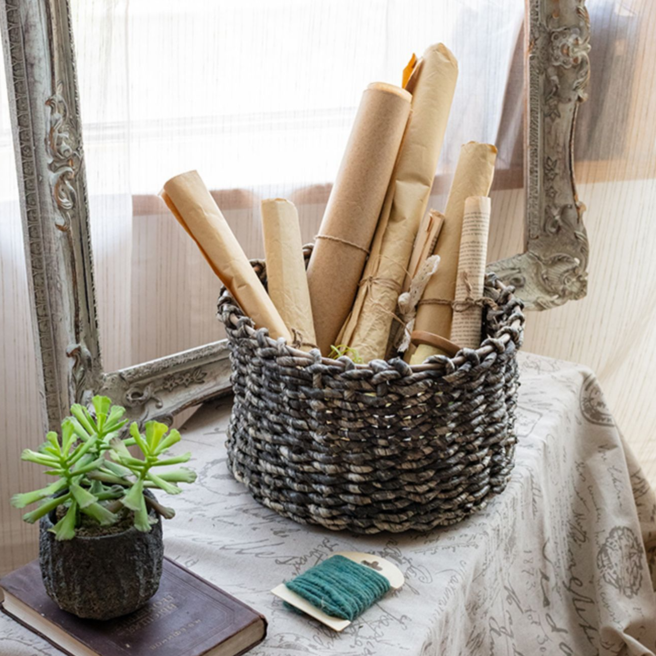 Natural Brown Straw Round Basket, eco-friendly corn rope material, available in small and large sizes, perfect for home organization.