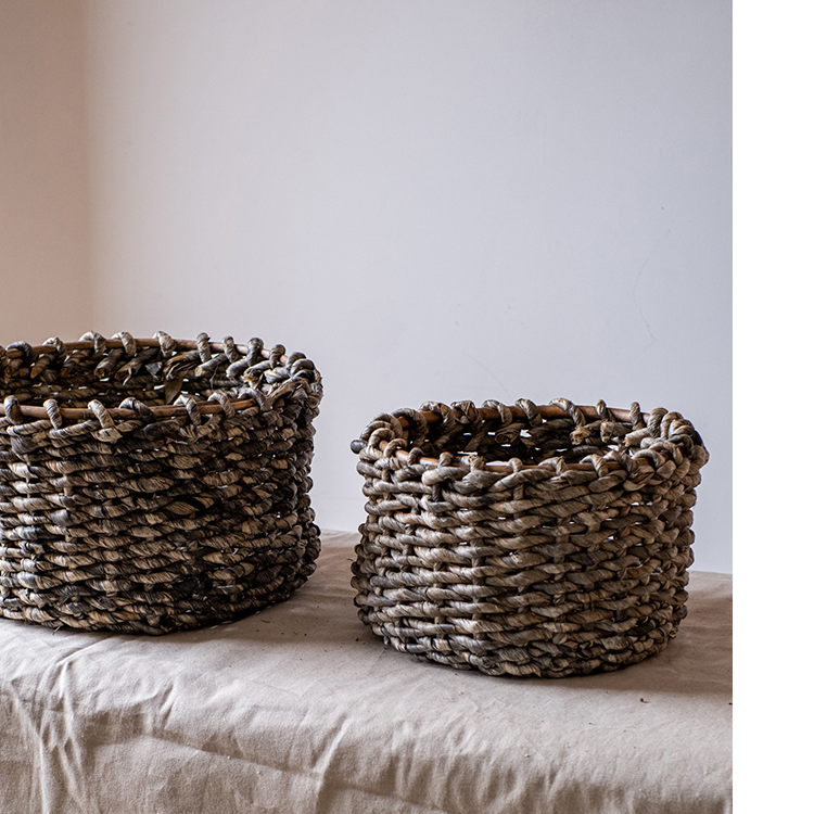 Natural Brown Straw Round Basket, eco-friendly corn rope material, available in small and large sizes, perfect for home organization.