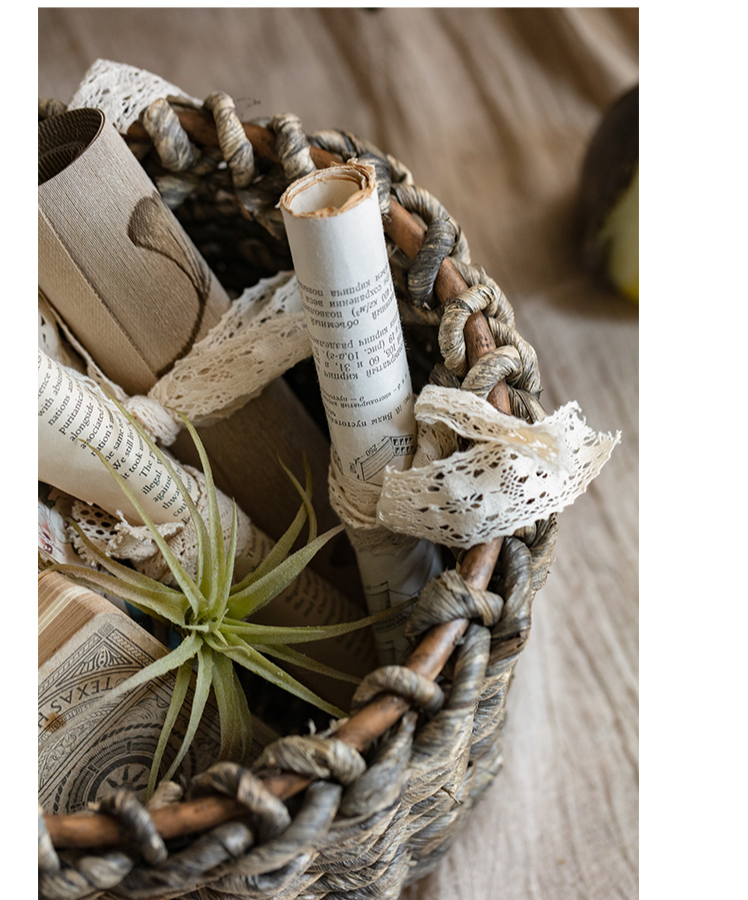 Natural Brown Straw Round Basket, eco-friendly corn rope material, available in small and large sizes, perfect for home organization.