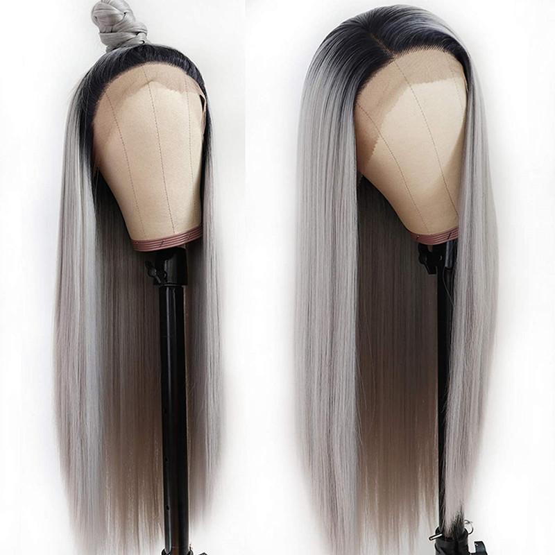 Natural Hairline Sliver Grey Long Straight Synthetic Lace Front Wig with baby hair and adjustable straps, showcasing a realistic look.