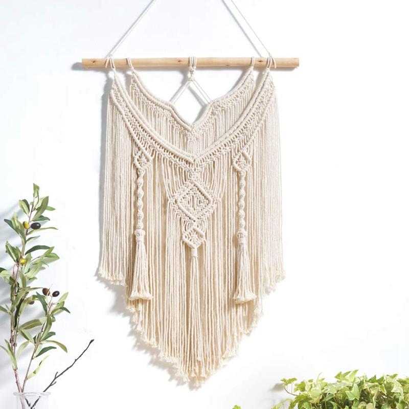 Natural Macrame Wall Hanging Tapestry featuring intricate knots and patterns, perfect for bohemian decor.