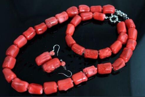 Natural Red Coral Bead Jewelry set featuring a choker, bracelet, and earrings, showcasing vibrant red coral beads and intricate designs.