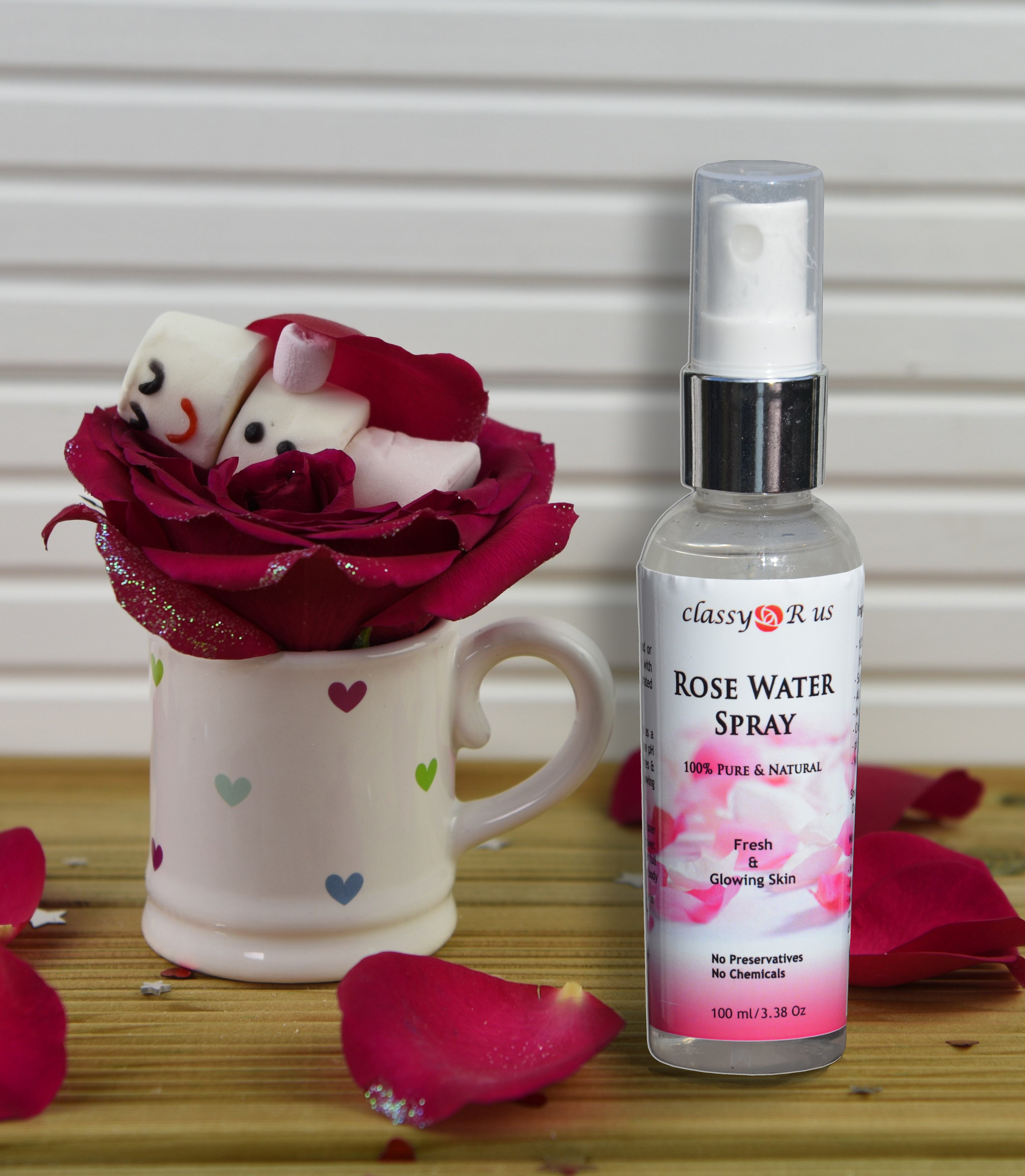 Natural Rose Water Spray in a 110 ml bottle, showcasing its pure and natural ingredients.