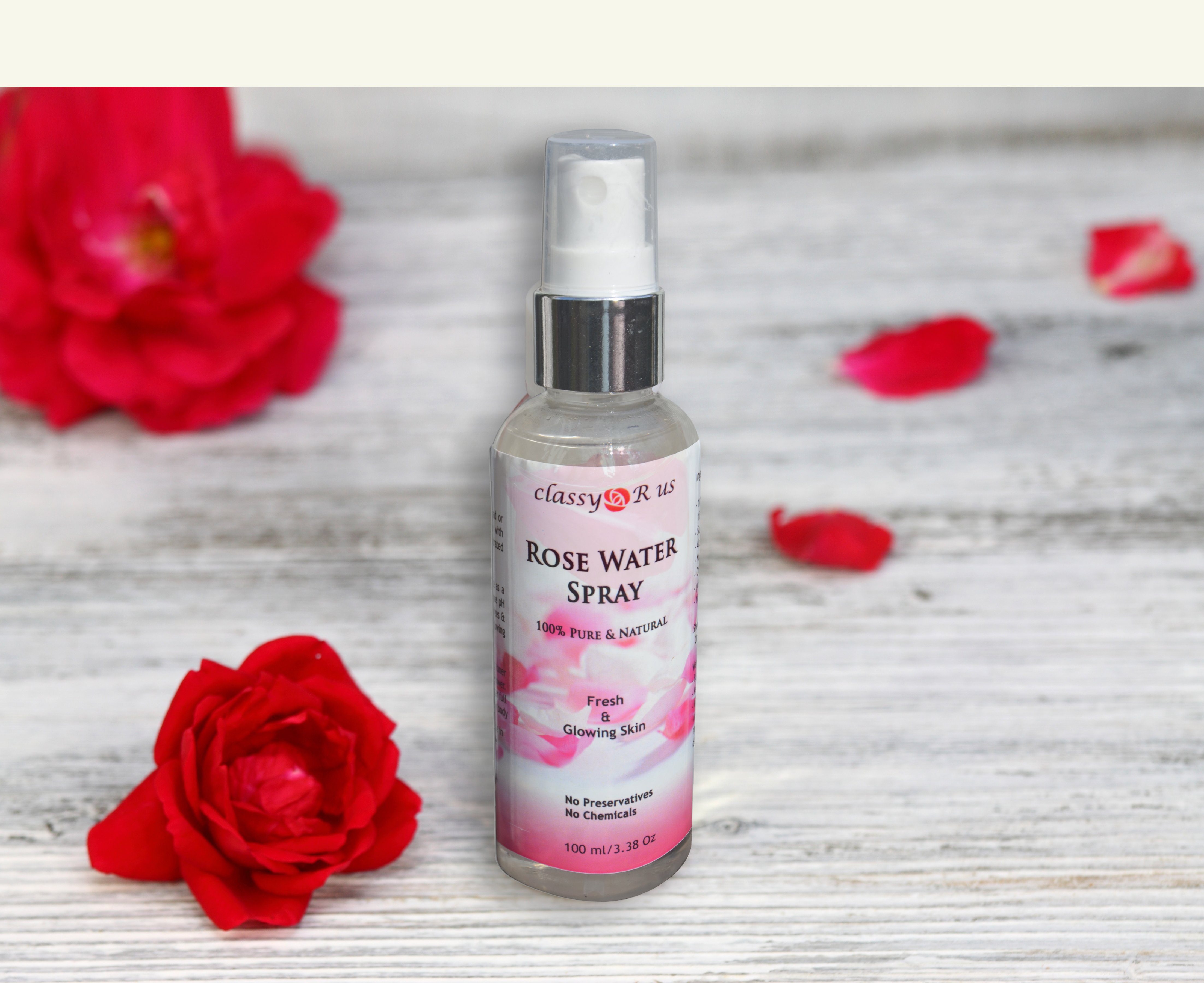 Natural Rose Water Spray in a 110 ml bottle, showcasing its pure and natural ingredients.