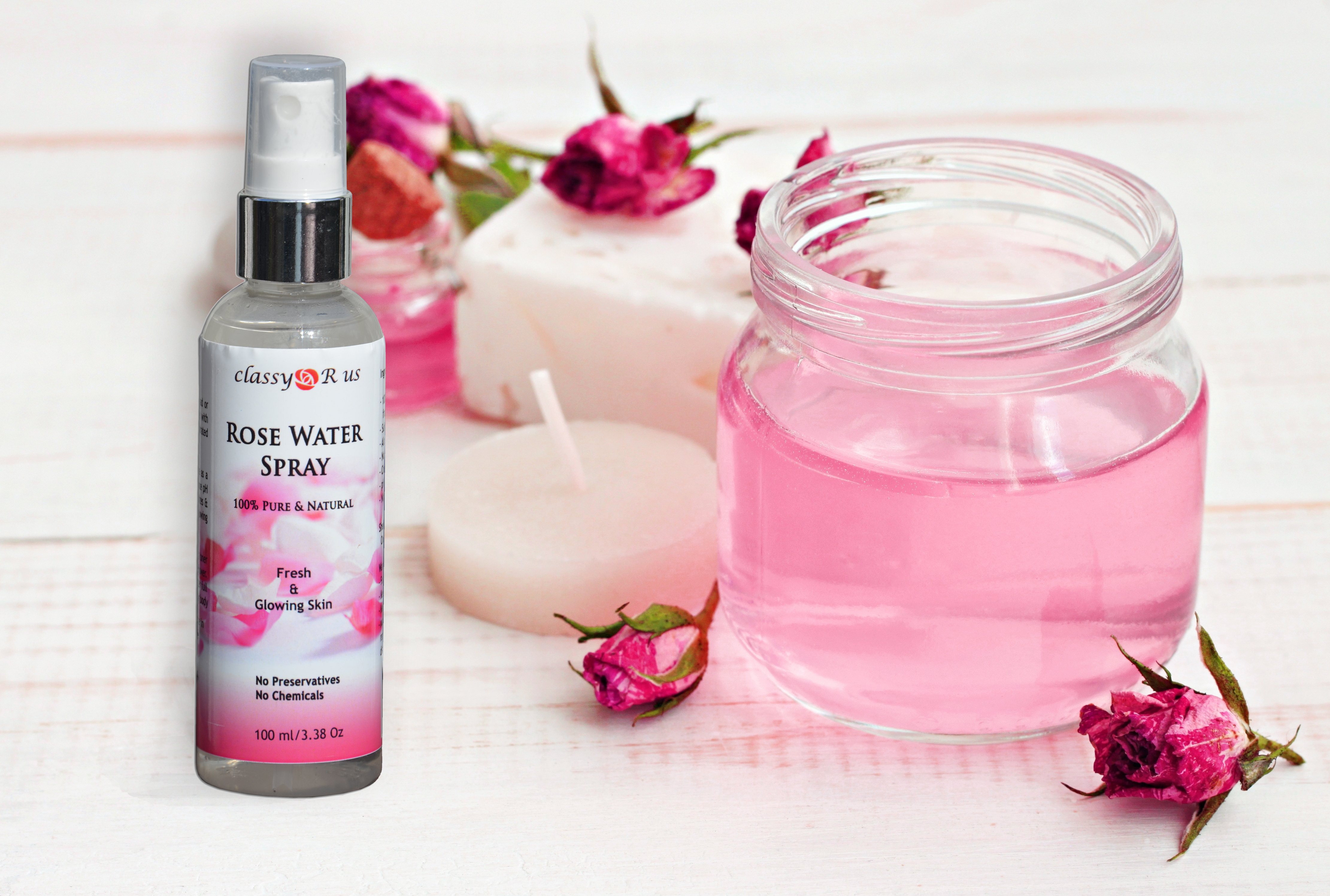 Natural Rose Water Spray in a 110 ml bottle, showcasing its pure and natural ingredients.