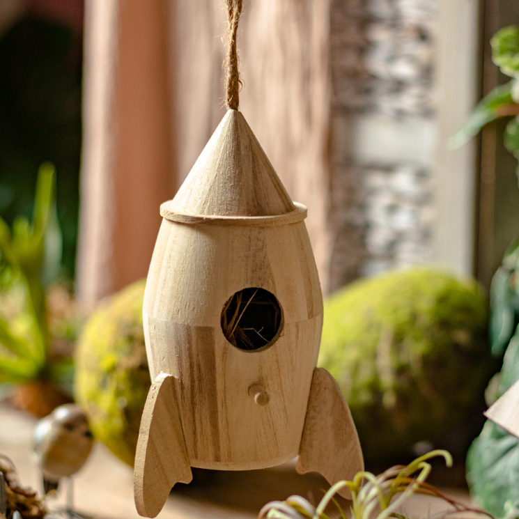 Natural Solid Wood Bird's Nest made from Paulownia wood with hemp rope, showcasing rustic charm and eco-friendly design.