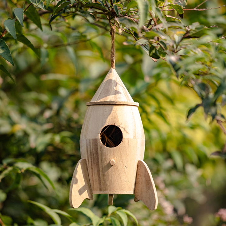 Natural Solid Wood Bird's Nest made from Paulownia wood with hemp rope, showcasing rustic charm and eco-friendly design.