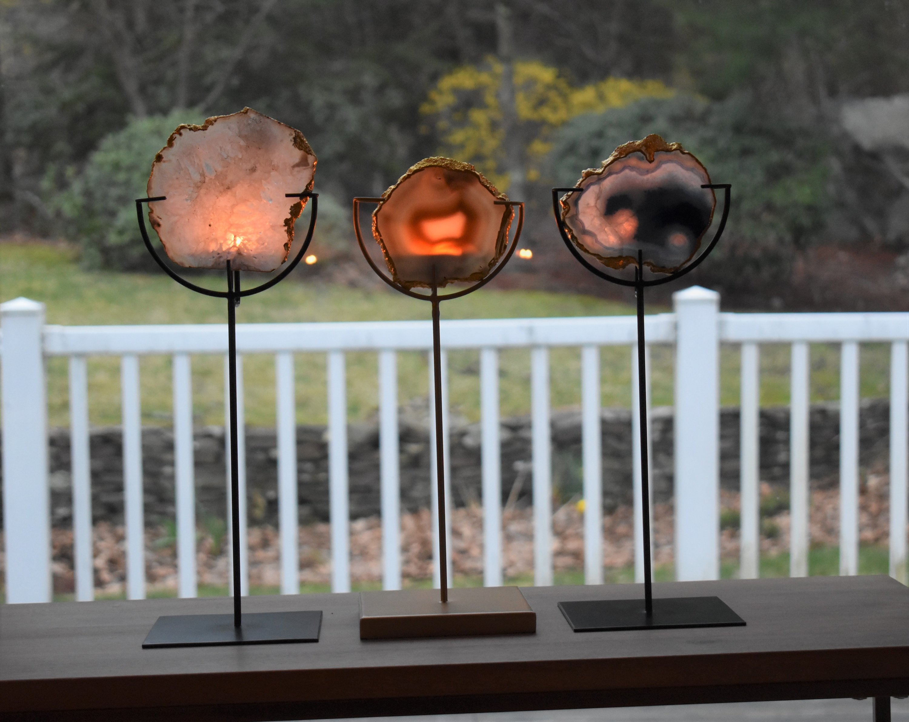 Natural White Agate Tealight Holder with Black Stand, showcasing unique agate patterns and elegant design.