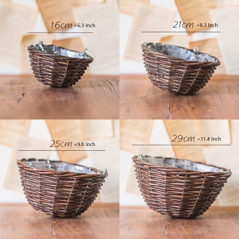 Set of 4 Natural Willow Hanging Planters with metal chains, showcasing various sizes and natural brown colors, ideal for indoor and outdoor decor.