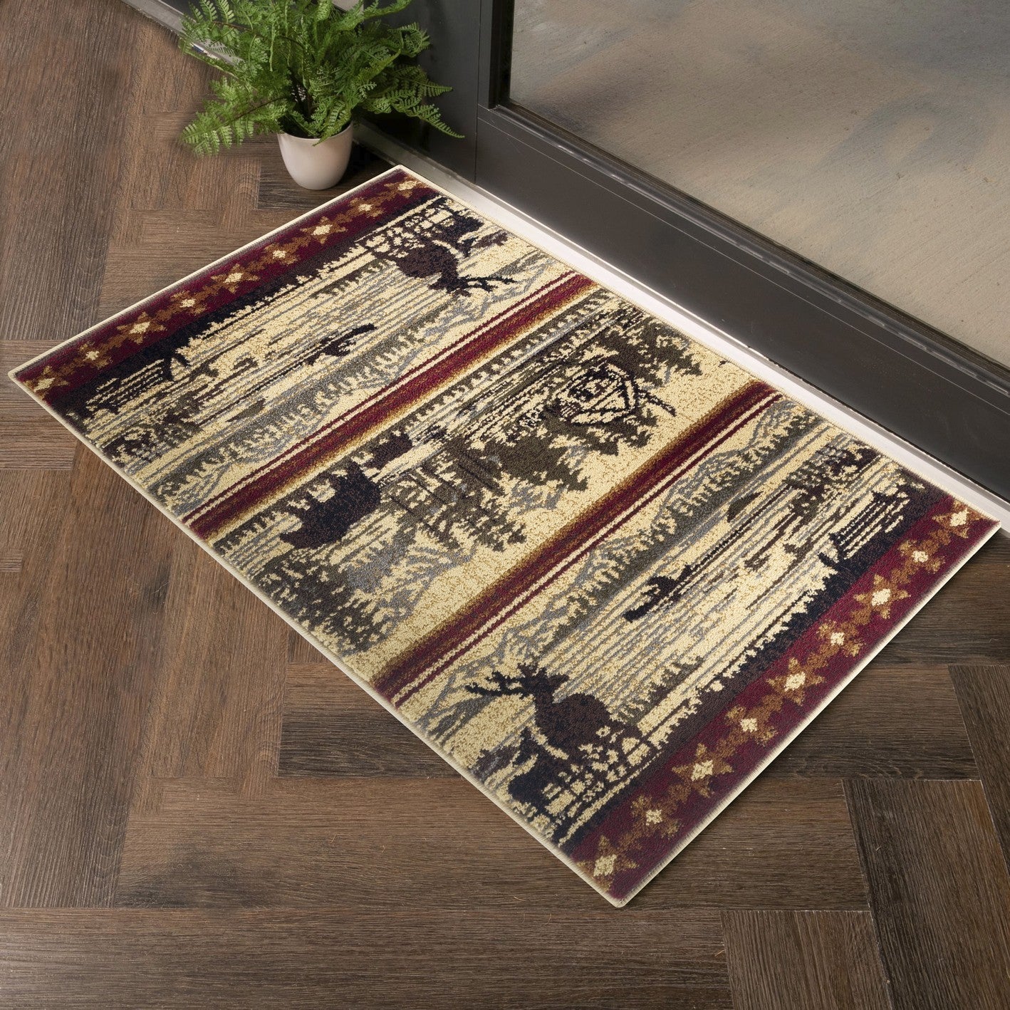 Nature's Nest Multi Lodge Area Rug featuring wildlife and nature motifs in cream color, perfect for indoor decor.