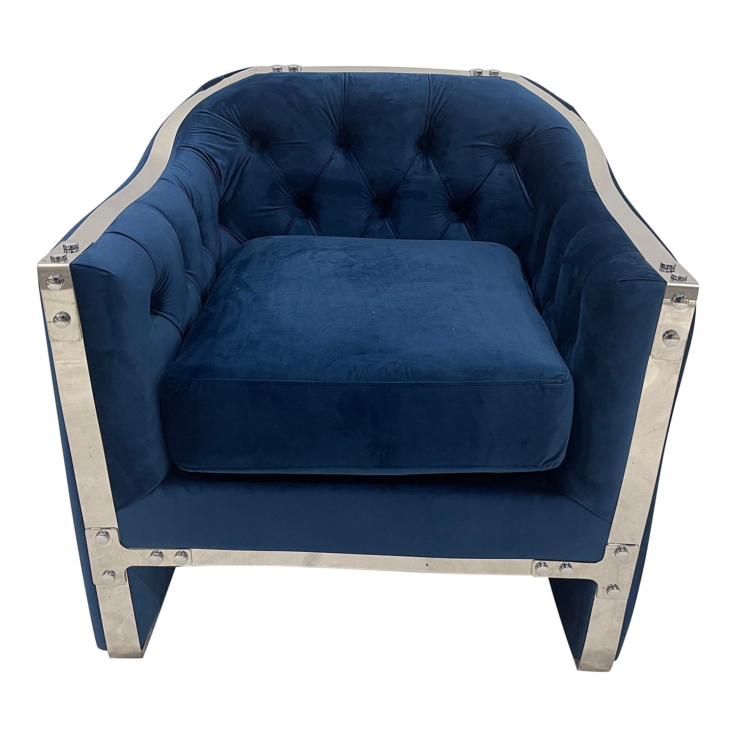 A luxurious navy blue sofa chair with a gold stainless steel frame and button tufting, perfect for modern interiors.